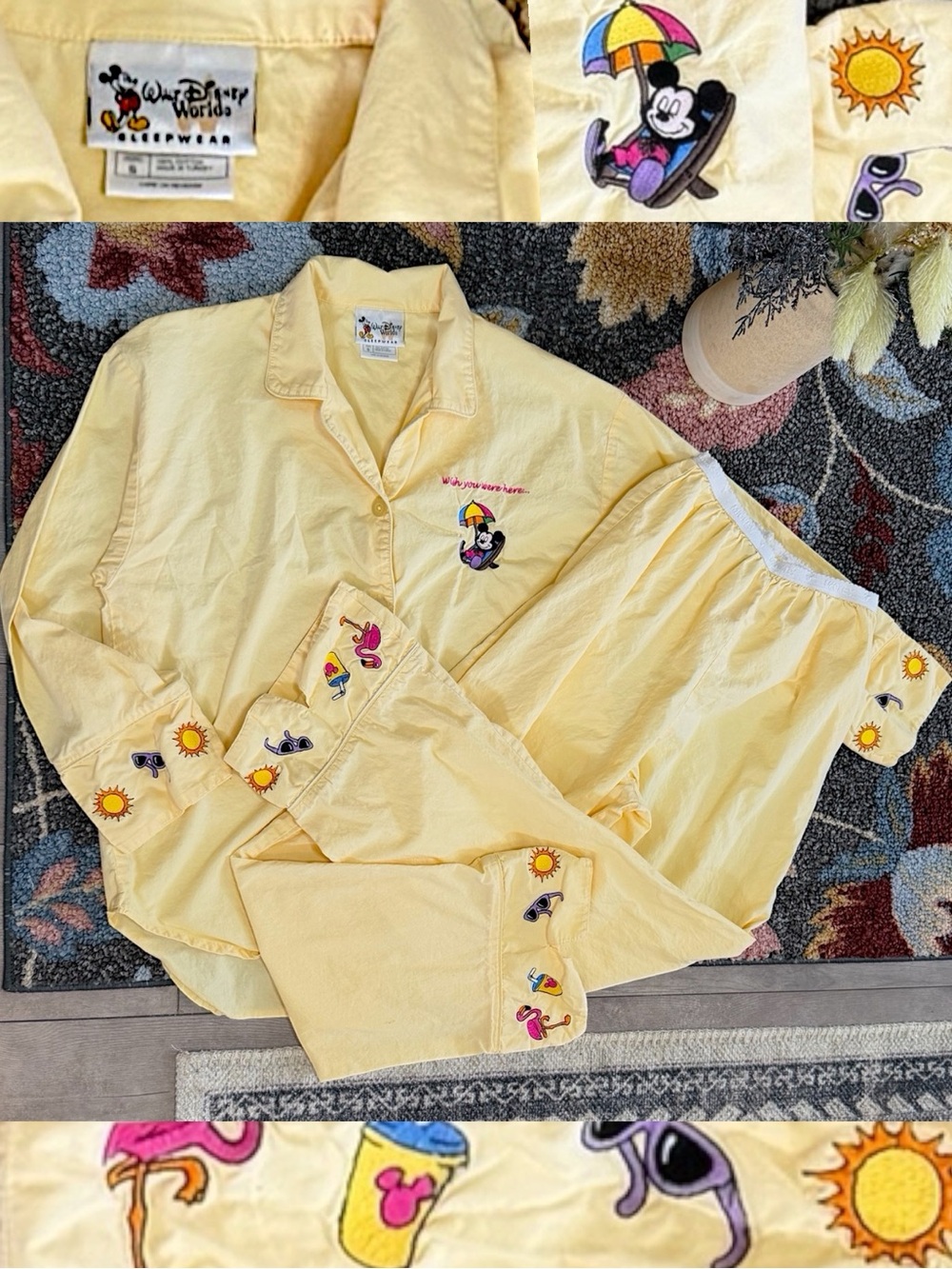VTG 90s Disney World Mickey Mouse Embroidered Pajamas Set Women Small Cotton - Picture 1 of 16